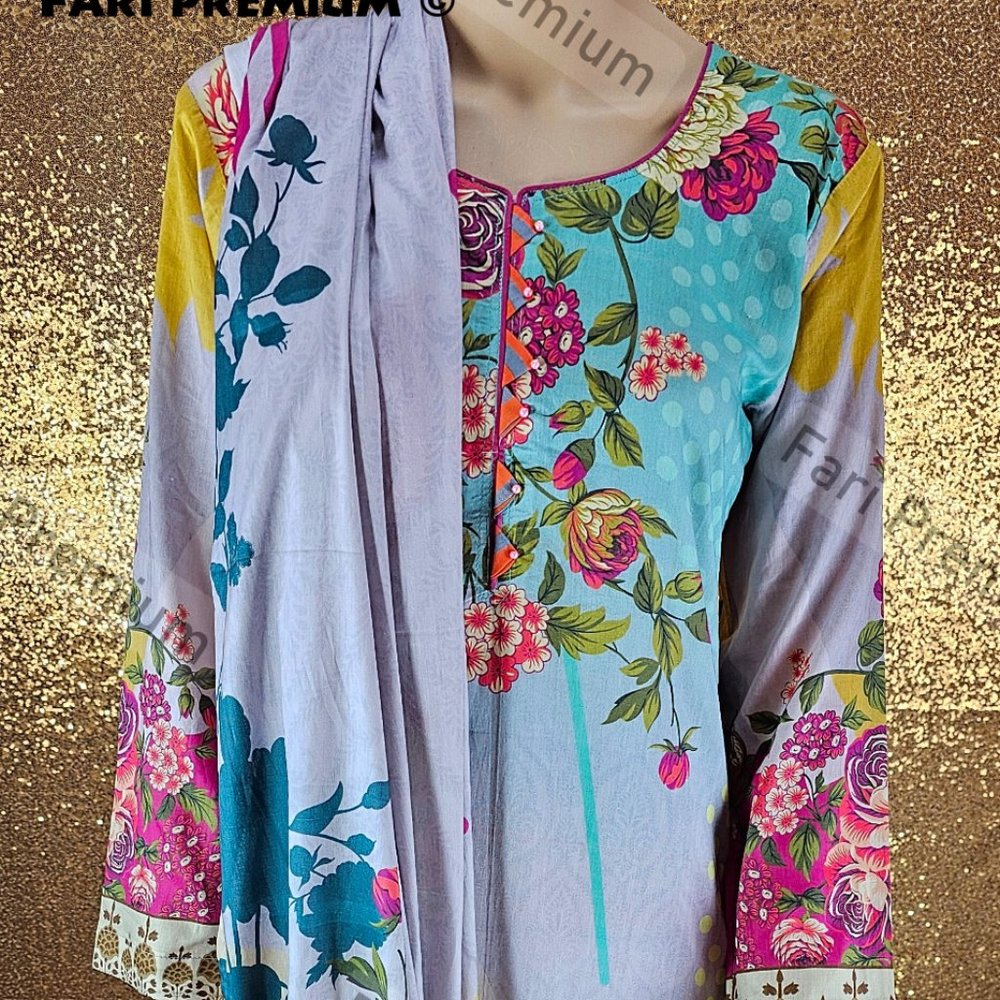 Asim Jofa 3PC Printed Lawn Cambric Cotton Shalwar Kameez Pakistani/Indian SMALL